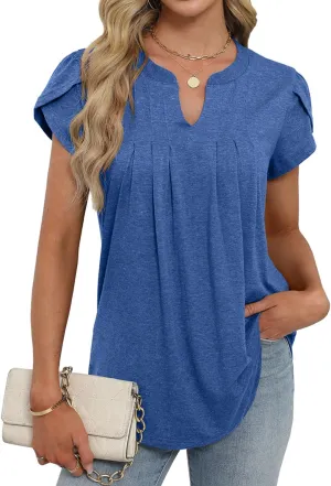 Bluetime Womens Tunic Tops Summer Dressy Casual Blouses V Neck Short Petal Sleeve T-Shirts Front Pleated Shirts for Leggings