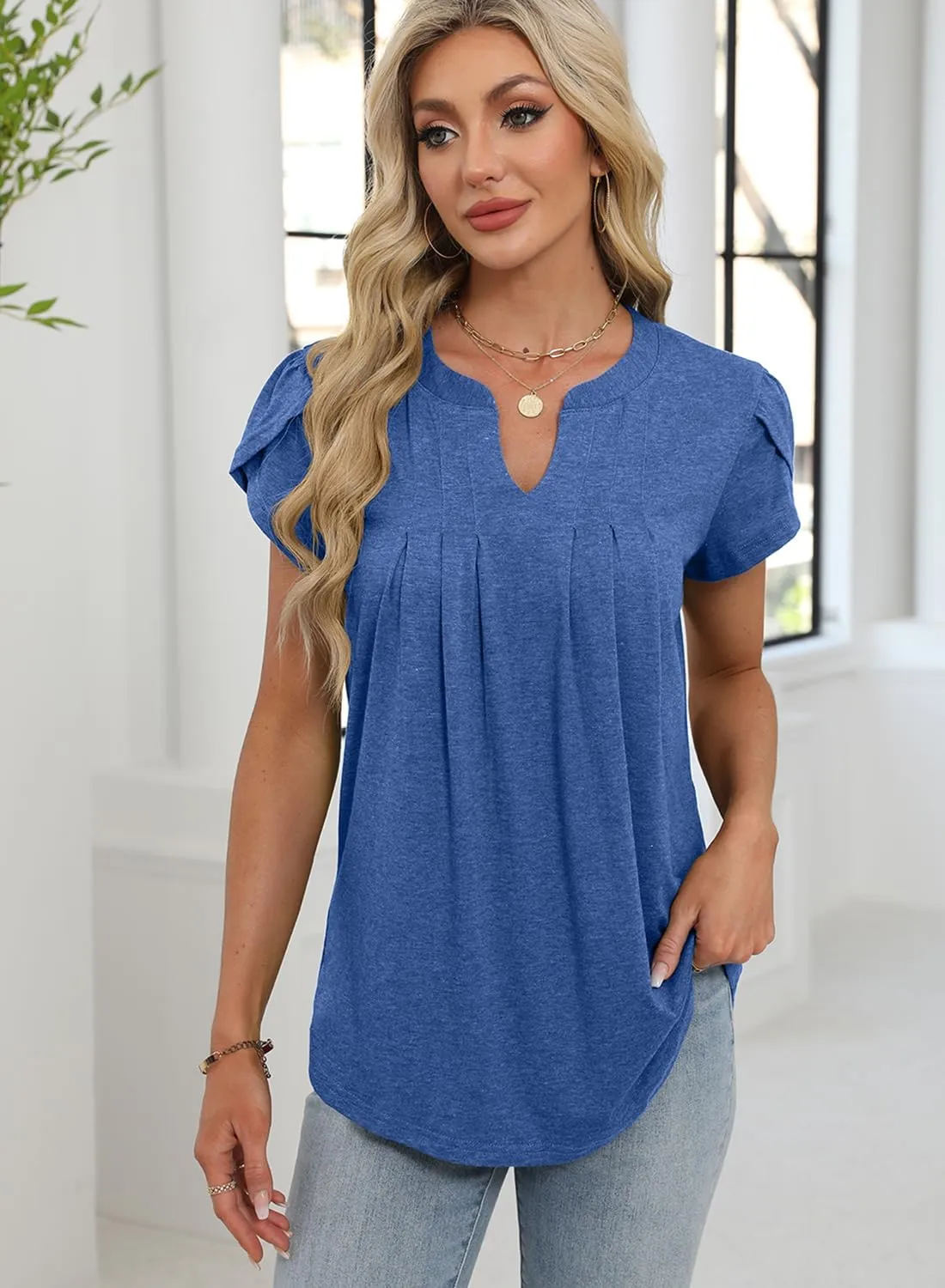 Bluetime Womens Tunic Tops Summer Dressy Casual Blouses V Neck Short Petal Sleeve T-Shirts Front Pleated Shirts for Leggings
