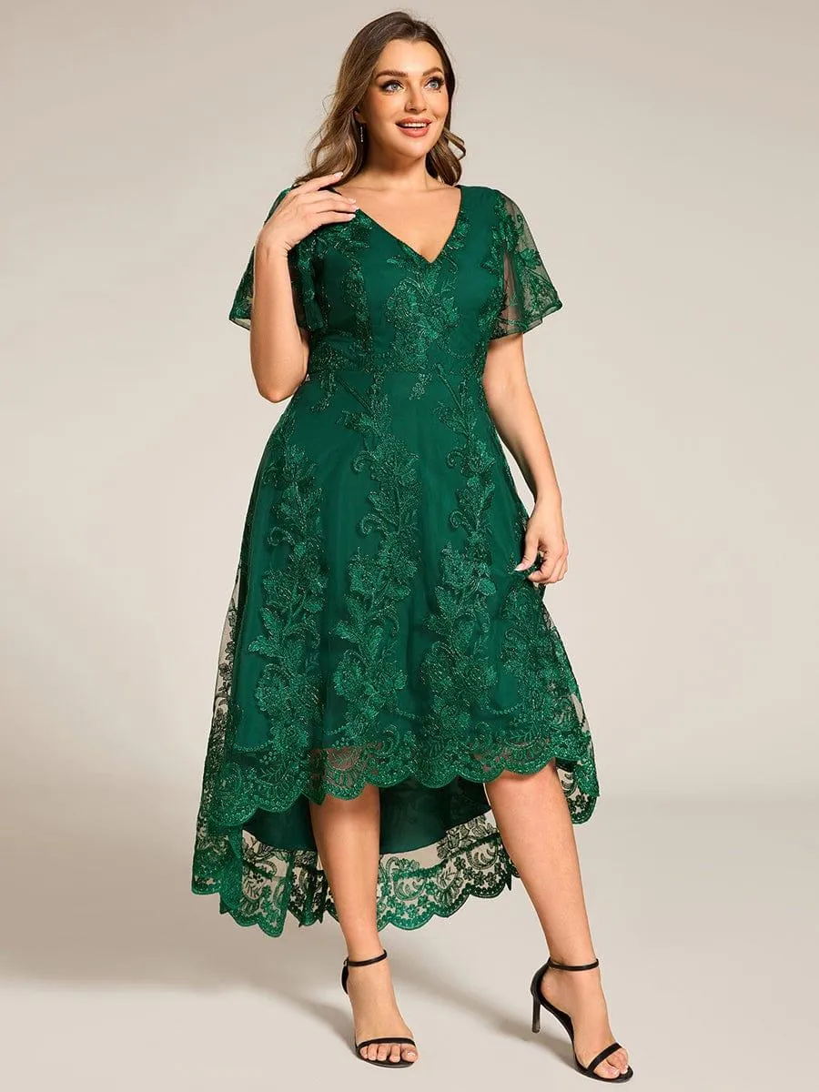 Bonnie | Embroidered Mesh Double V Neck Midi Mother of the Bride Dress