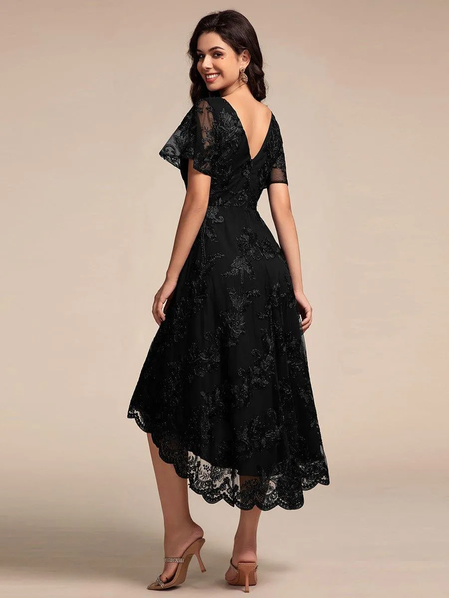 Bonnie | Embroidered Mesh Double V Neck Midi Mother of the Bride Dress