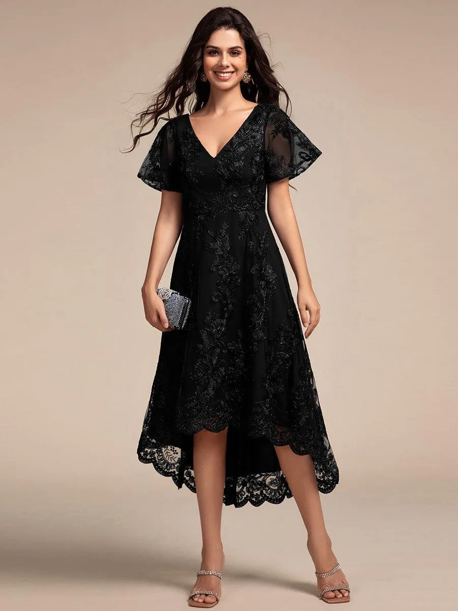 Bonnie | Embroidered Mesh Double V Neck Midi Mother of the Bride Dress