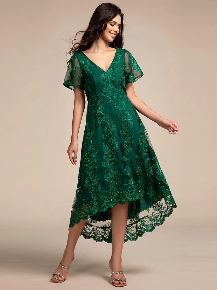 Bonnie | Embroidered Mesh Double V Neck Midi Mother of the Bride Dress