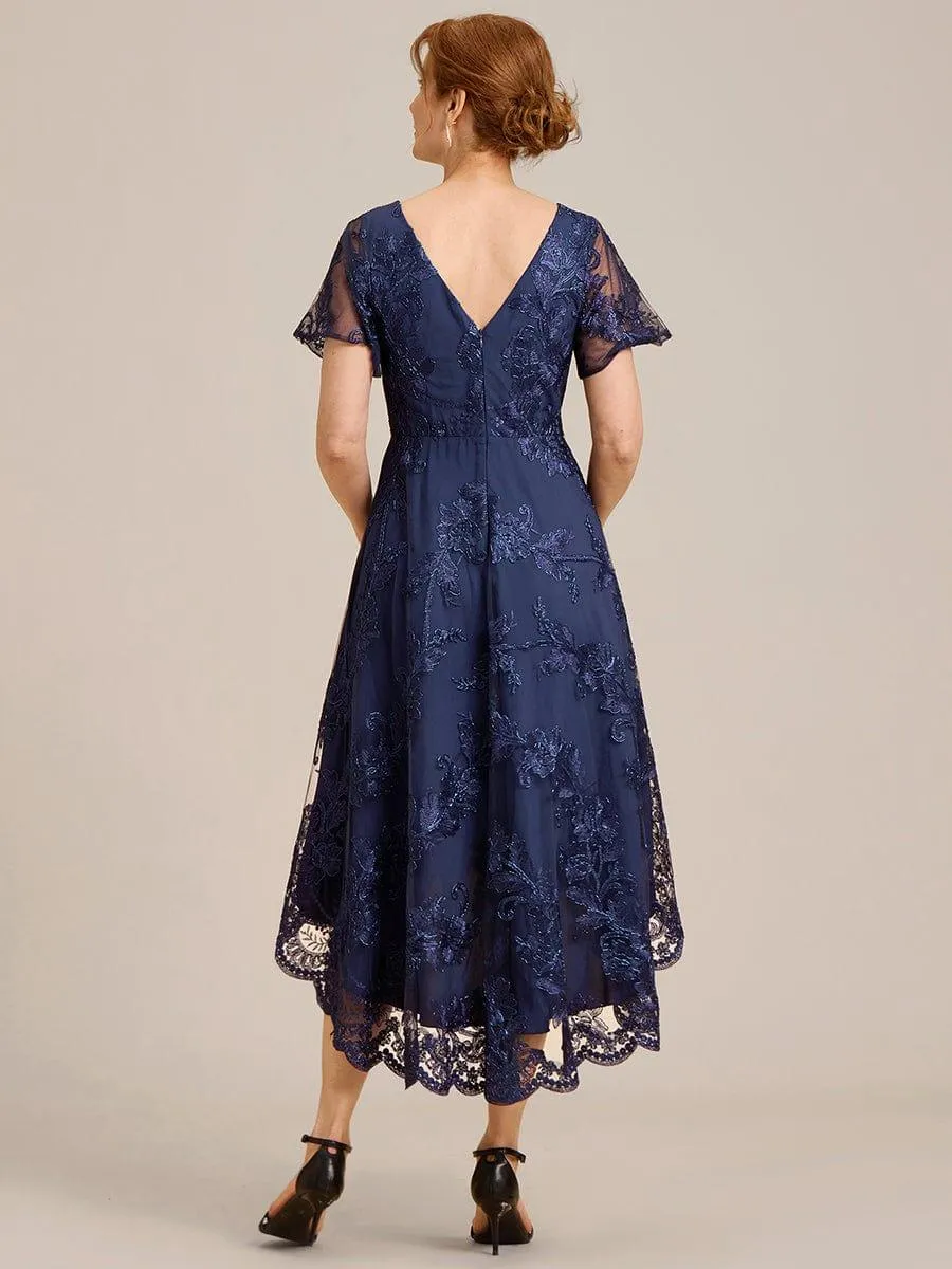 Bonnie | Embroidered Mesh Double V Neck Midi Mother of the Bride Dress
