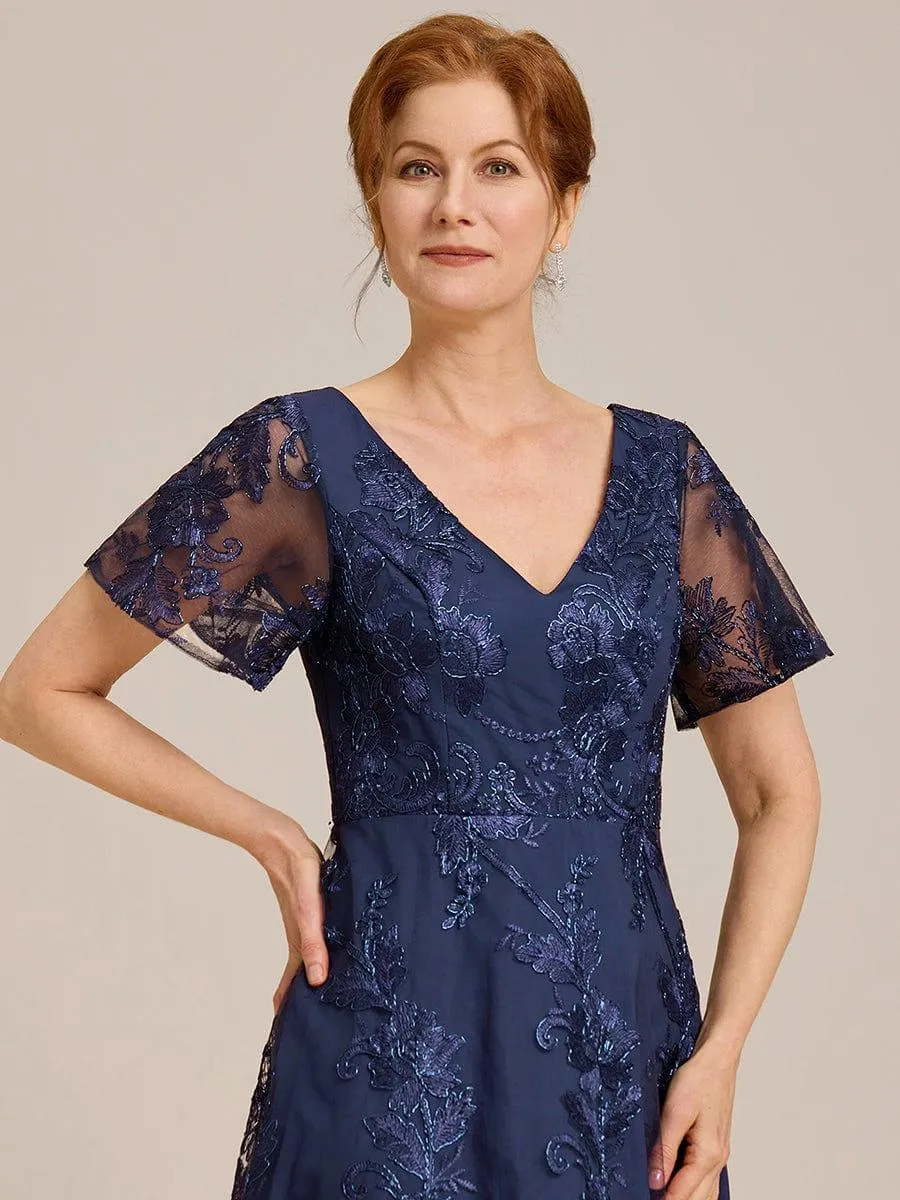 Bonnie | Embroidered Mesh Double V Neck Midi Mother of the Bride Dress