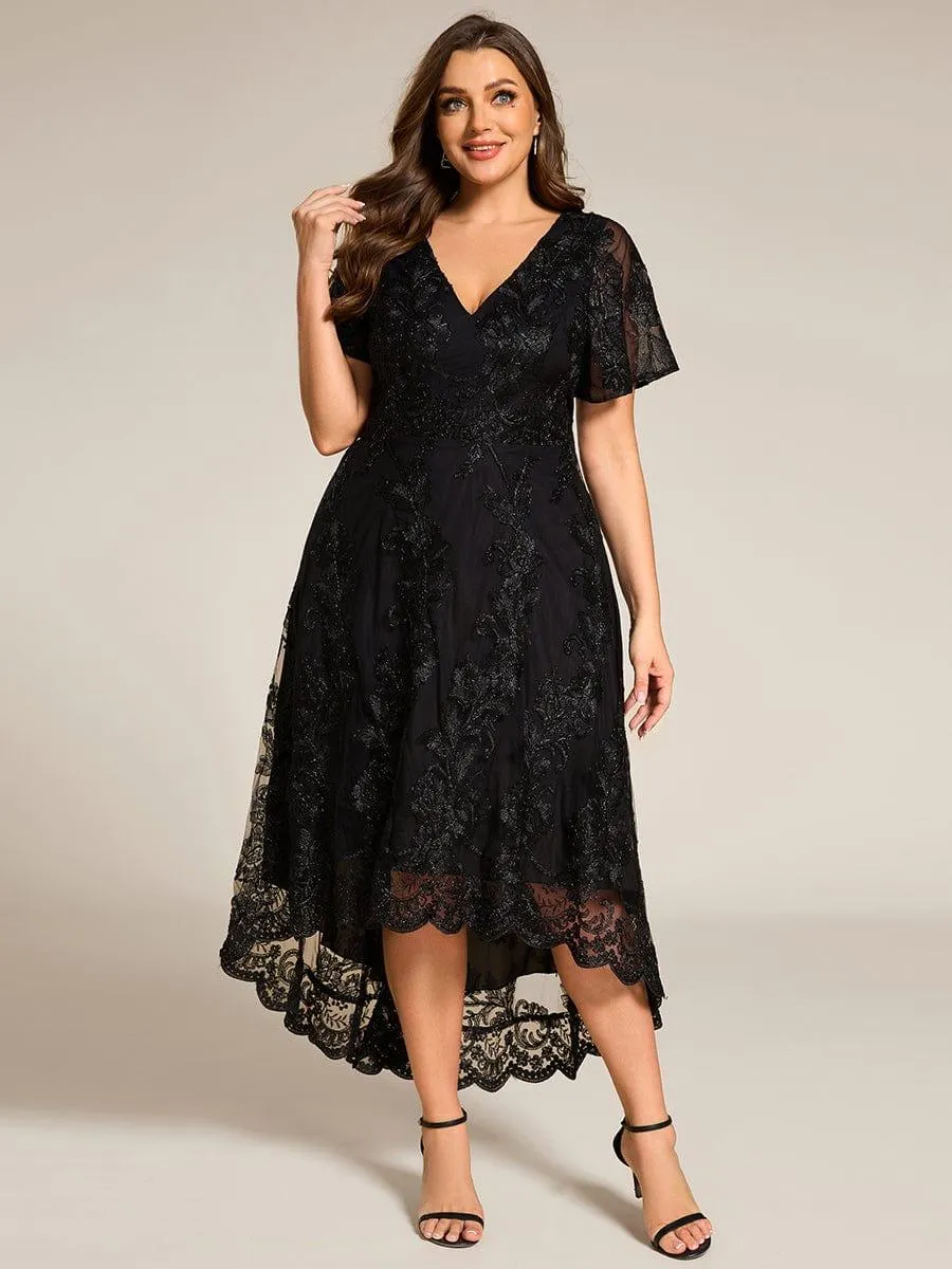 Bonnie | Embroidered Mesh Double V Neck Midi Mother of the Bride Dress