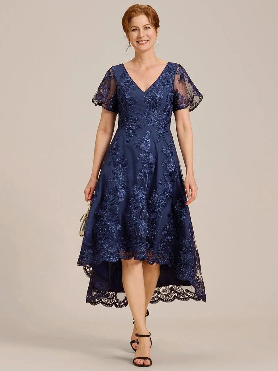 Bonnie | Embroidered Mesh Double V Neck Midi Mother of the Bride Dress
