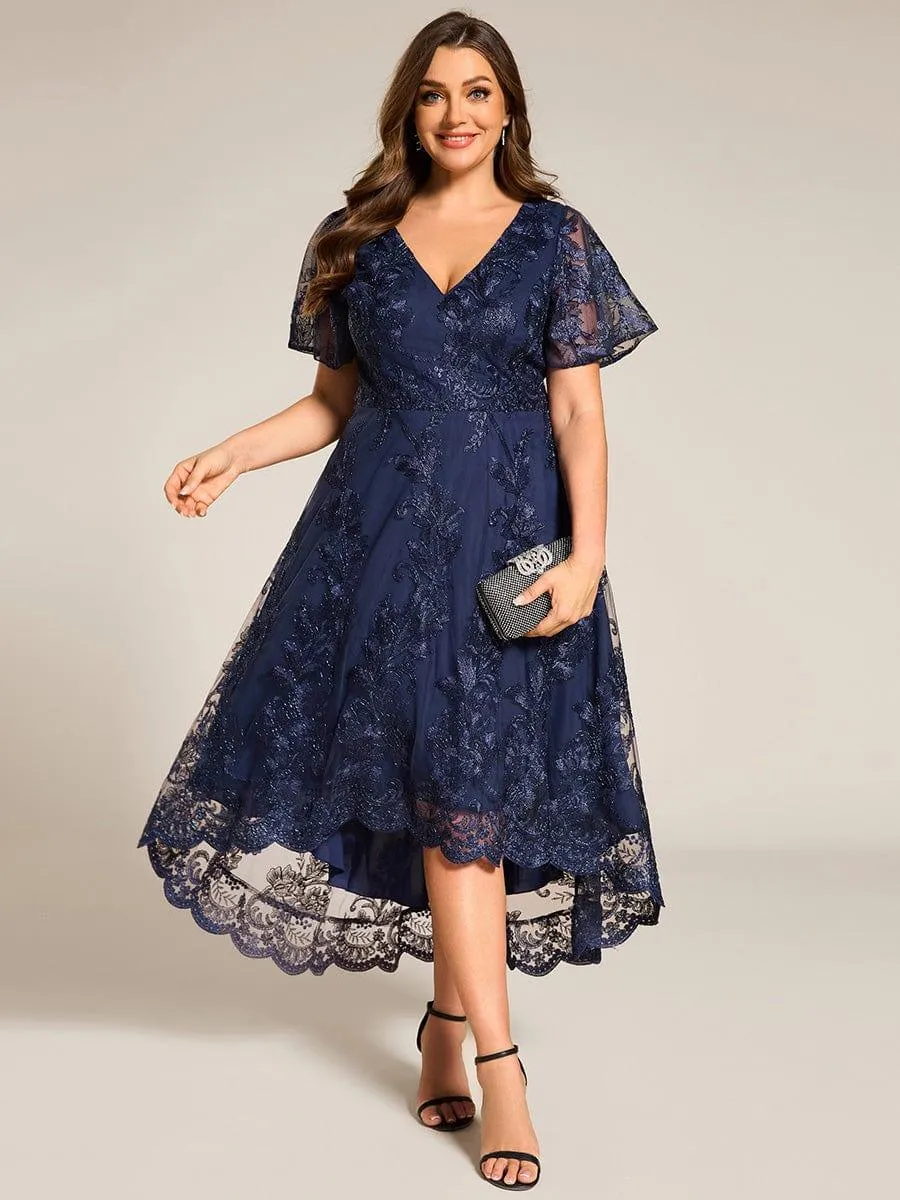 Bonnie | Embroidered Mesh Double V Neck Midi Mother of the Bride Dress