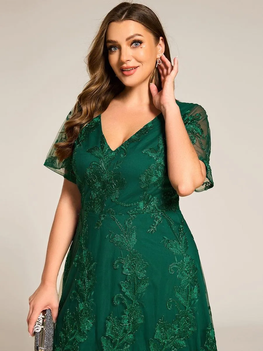 Bonnie | Embroidered Mesh Double V Neck Midi Mother of the Bride Dress