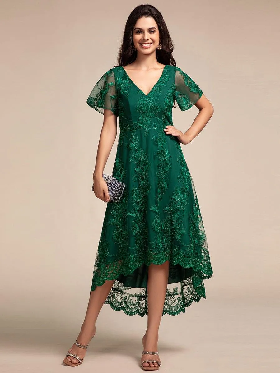 Bonnie | Embroidered Mesh Double V Neck Midi Mother of the Bride Dress
