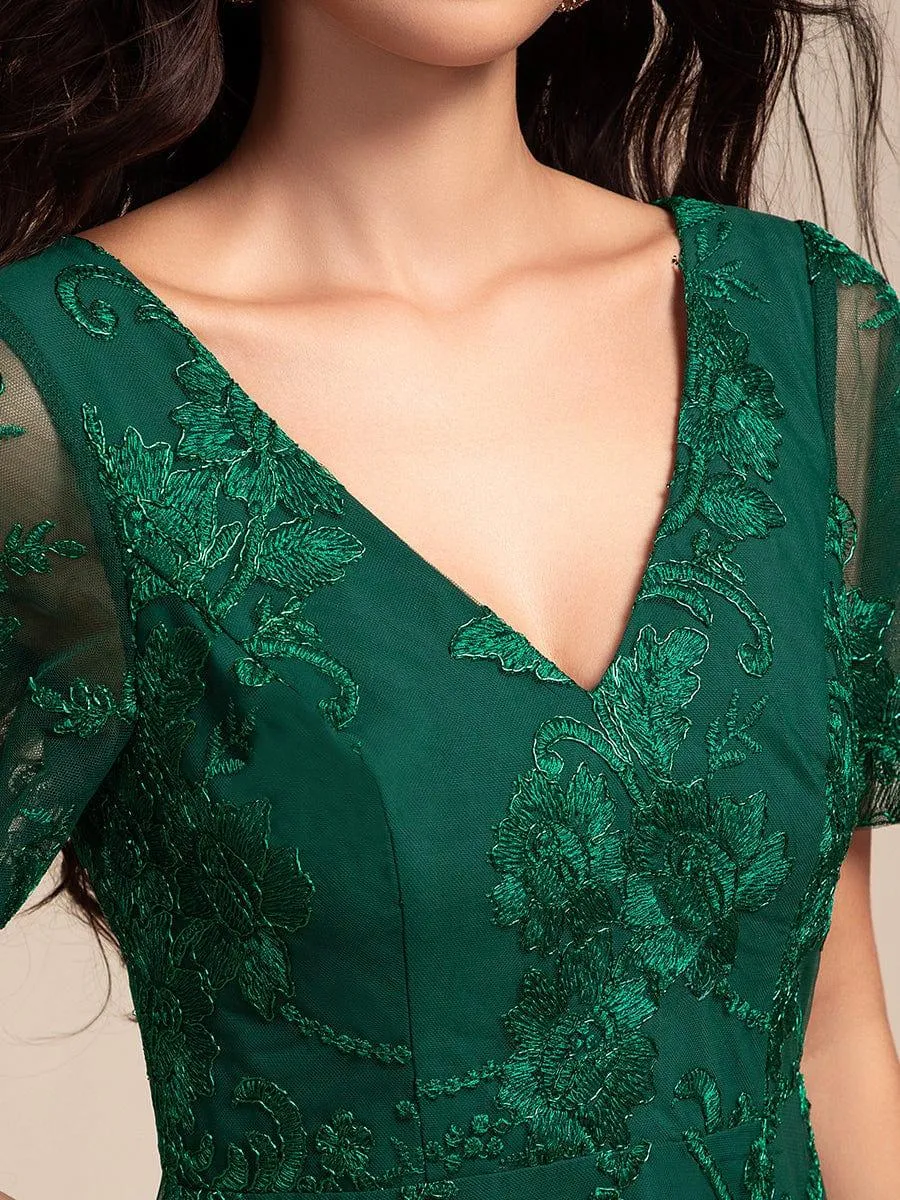 Bonnie | Embroidered Mesh Double V Neck Midi Mother of the Bride Dress