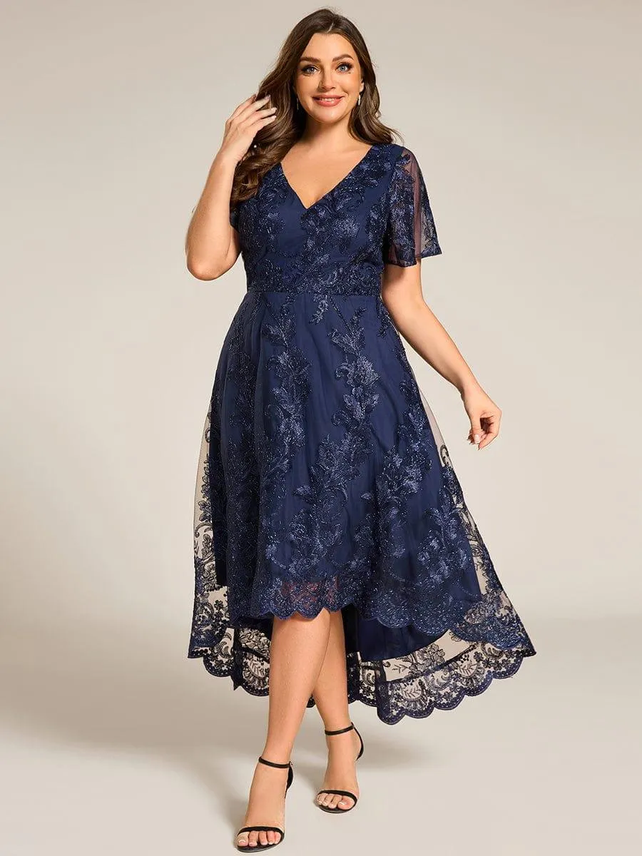Bonnie | Embroidered Mesh Double V Neck Midi Mother of the Bride Dress