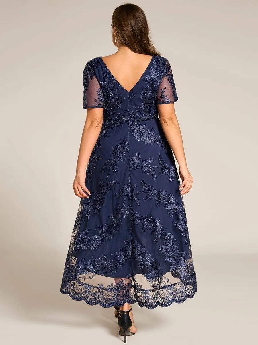 Bonnie | Embroidered Mesh Double V Neck Midi Mother of the Bride Dress
