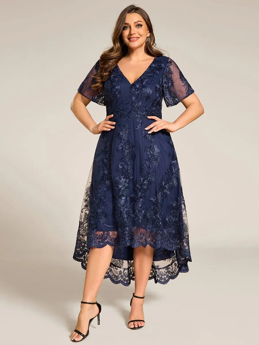Bonnie | Embroidered Mesh Double V Neck Midi Mother of the Bride Dress