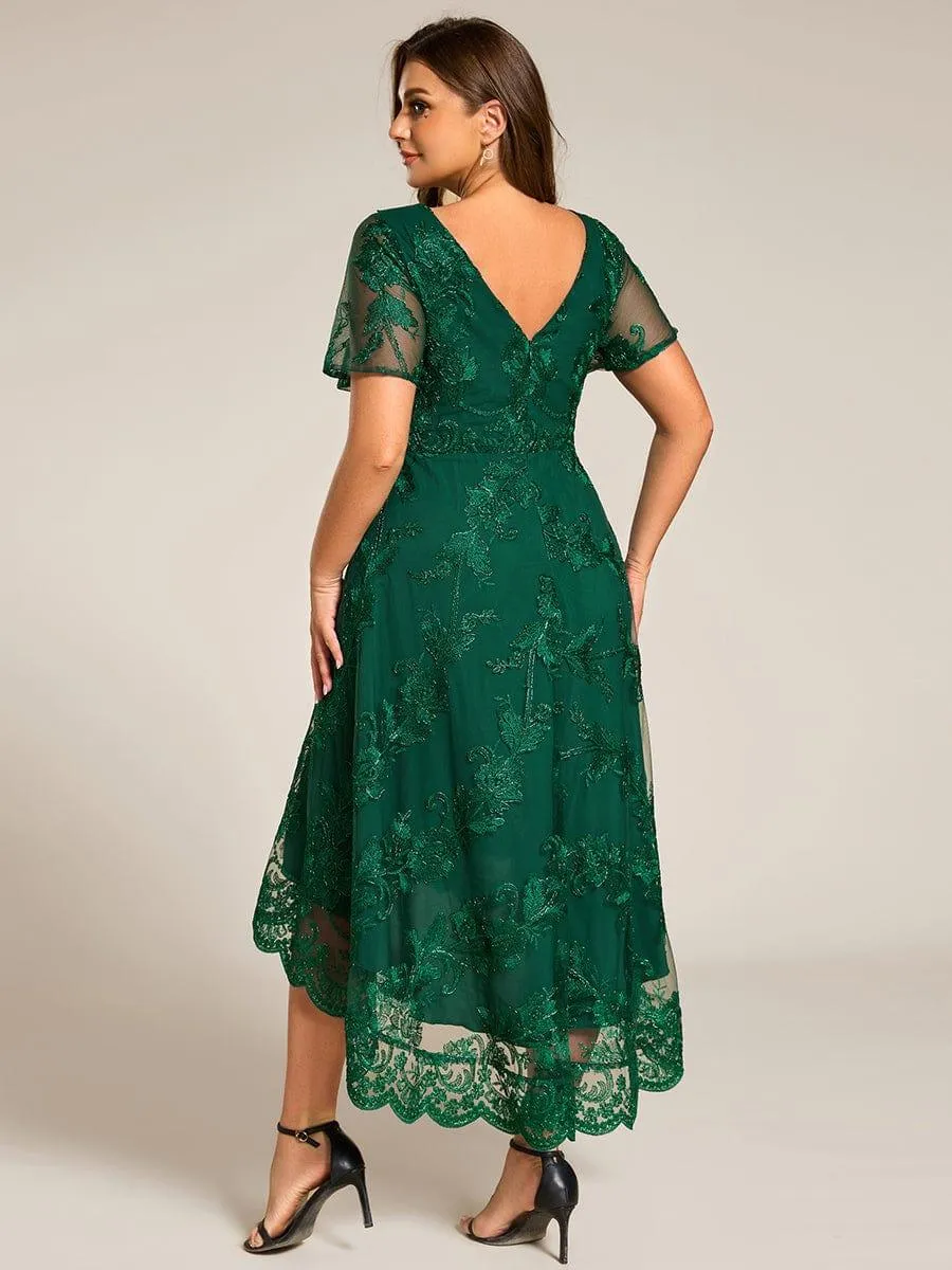 Bonnie | Embroidered Mesh Double V Neck Midi Mother of the Bride Dress