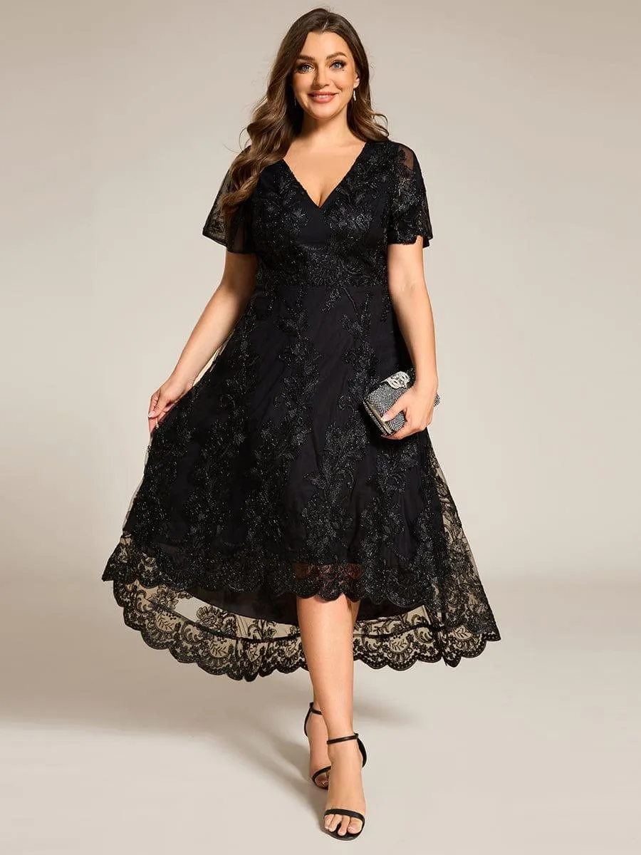 Bonnie | Embroidered Mesh Double V Neck Midi Mother of the Bride Dress