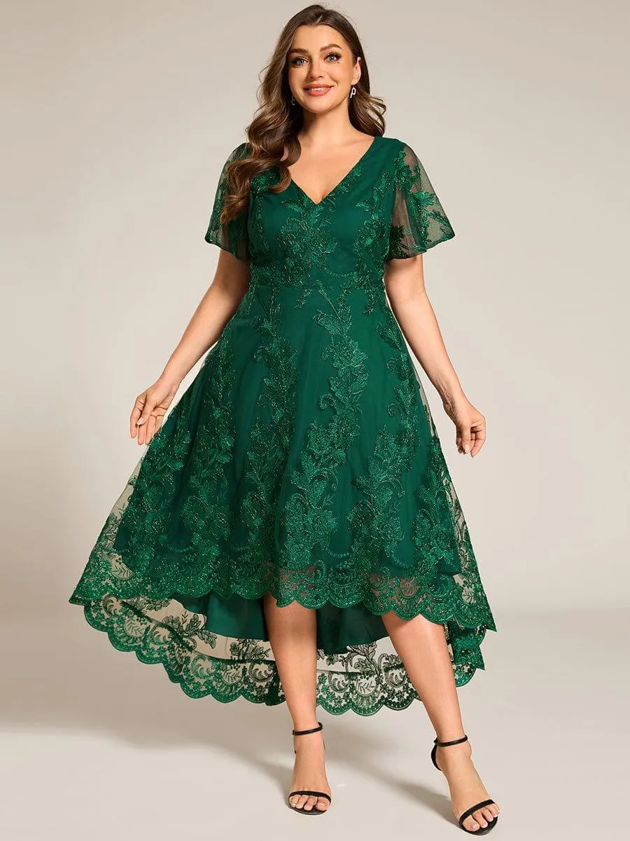 Bonnie | Embroidered Mesh Double V Neck Midi Mother of the Bride Dress