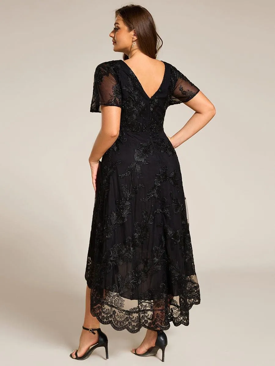 Bonnie | Embroidered Mesh Double V Neck Midi Mother of the Bride Dress