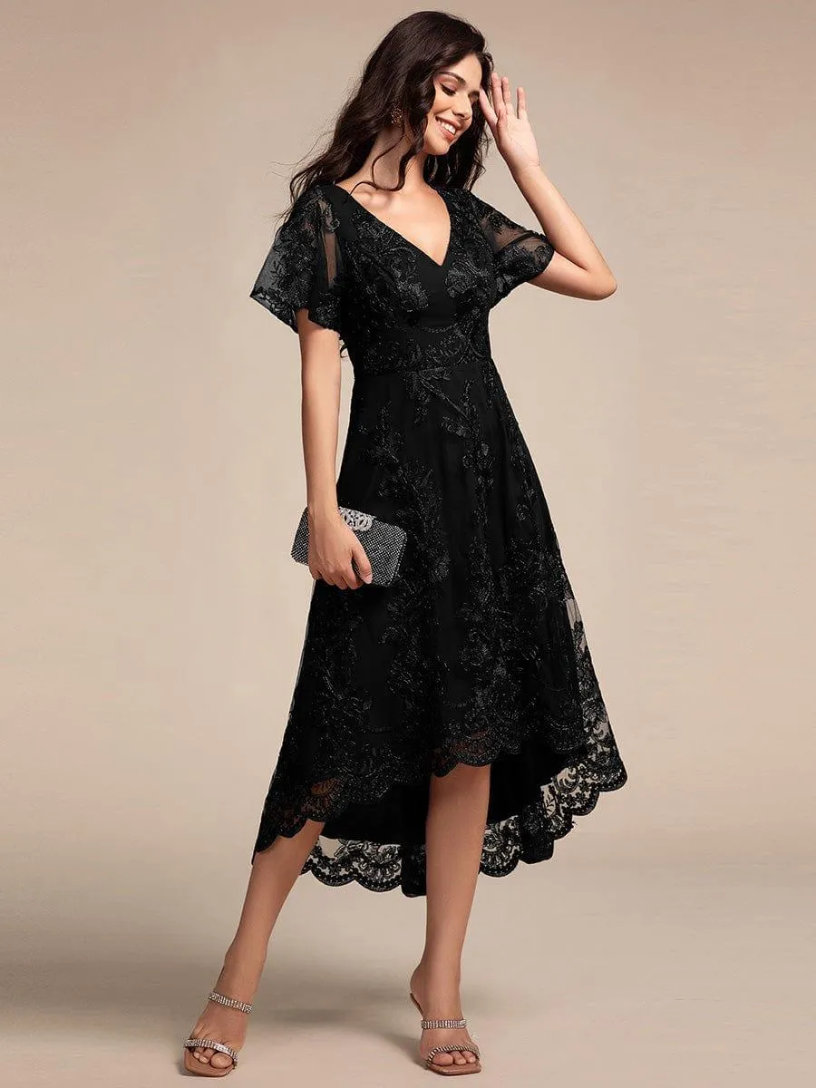 Bonnie | Embroidered Mesh Double V Neck Midi Mother of the Bride Dress