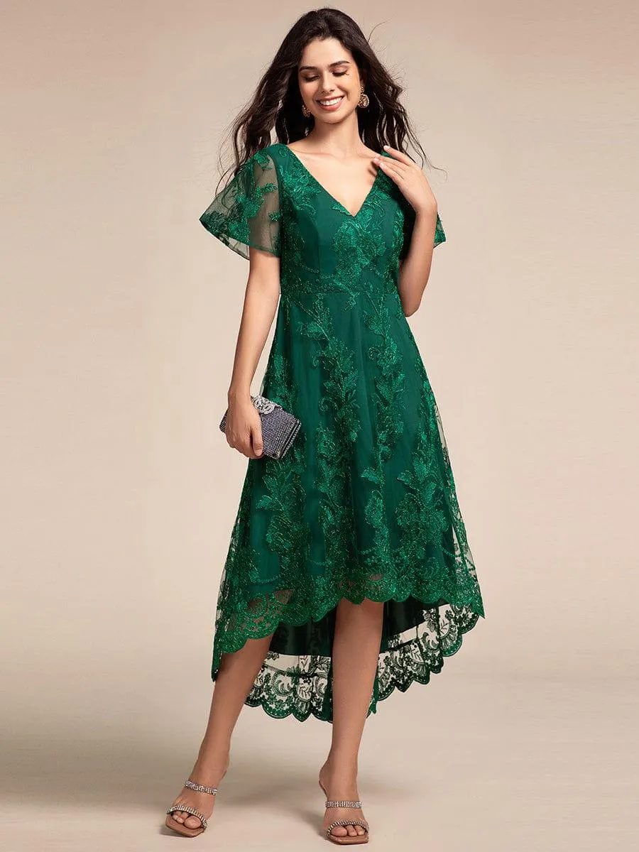 Bonnie | Embroidered Mesh Double V Neck Midi Mother of the Bride Dress