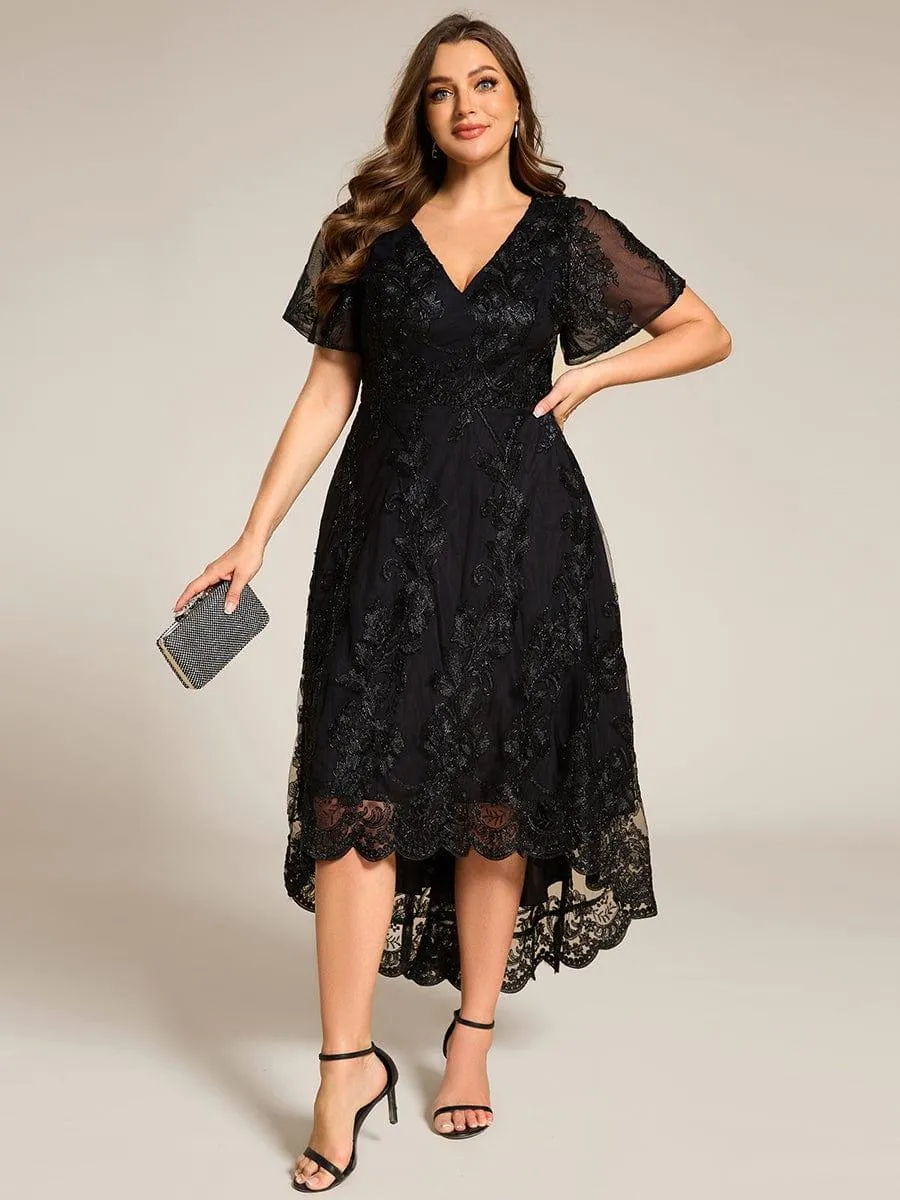 Bonnie | Embroidered Mesh Double V Neck Midi Mother of the Bride Dress