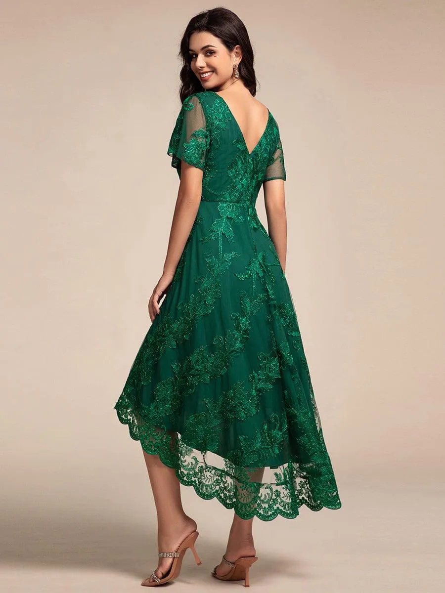 Bonnie | Embroidered Mesh Double V Neck Midi Mother of the Bride Dress