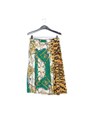 Bottle green and tiger mixed print midi skirt