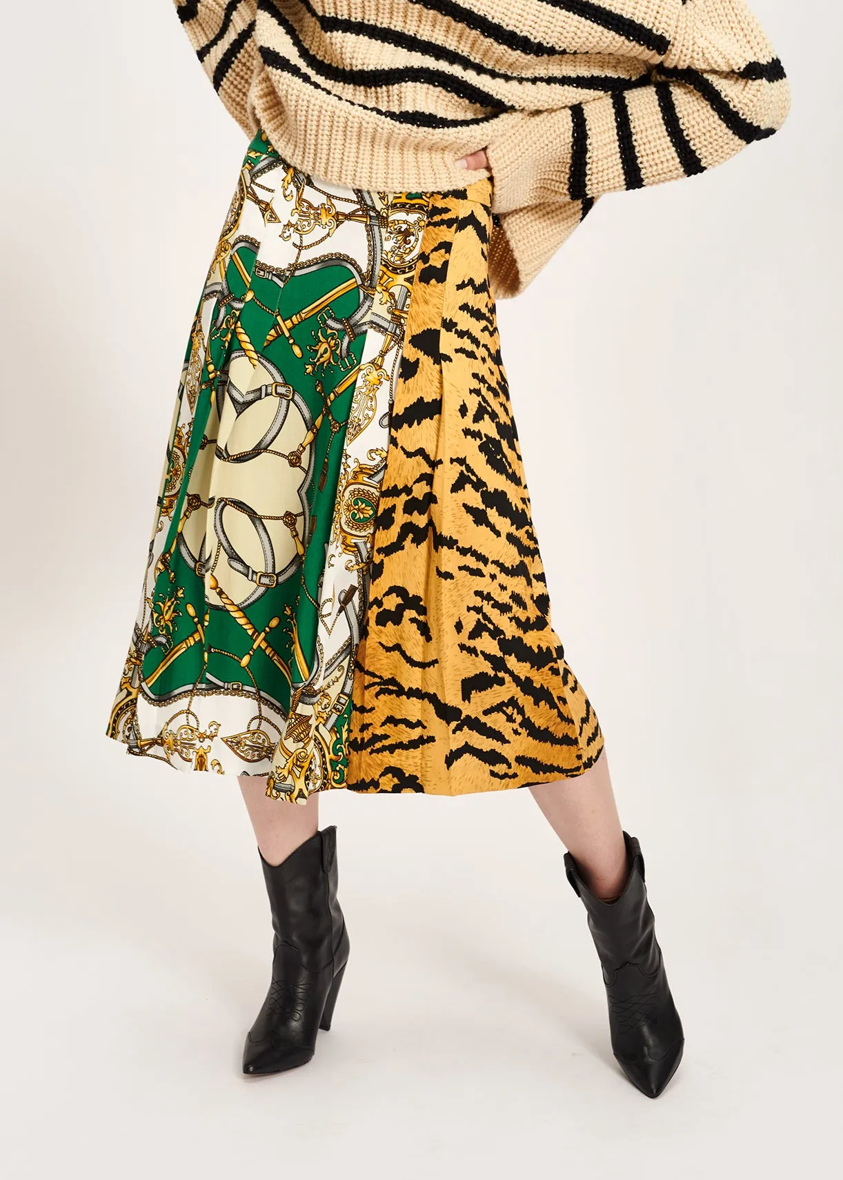 Bottle green and tiger mixed print midi skirt
