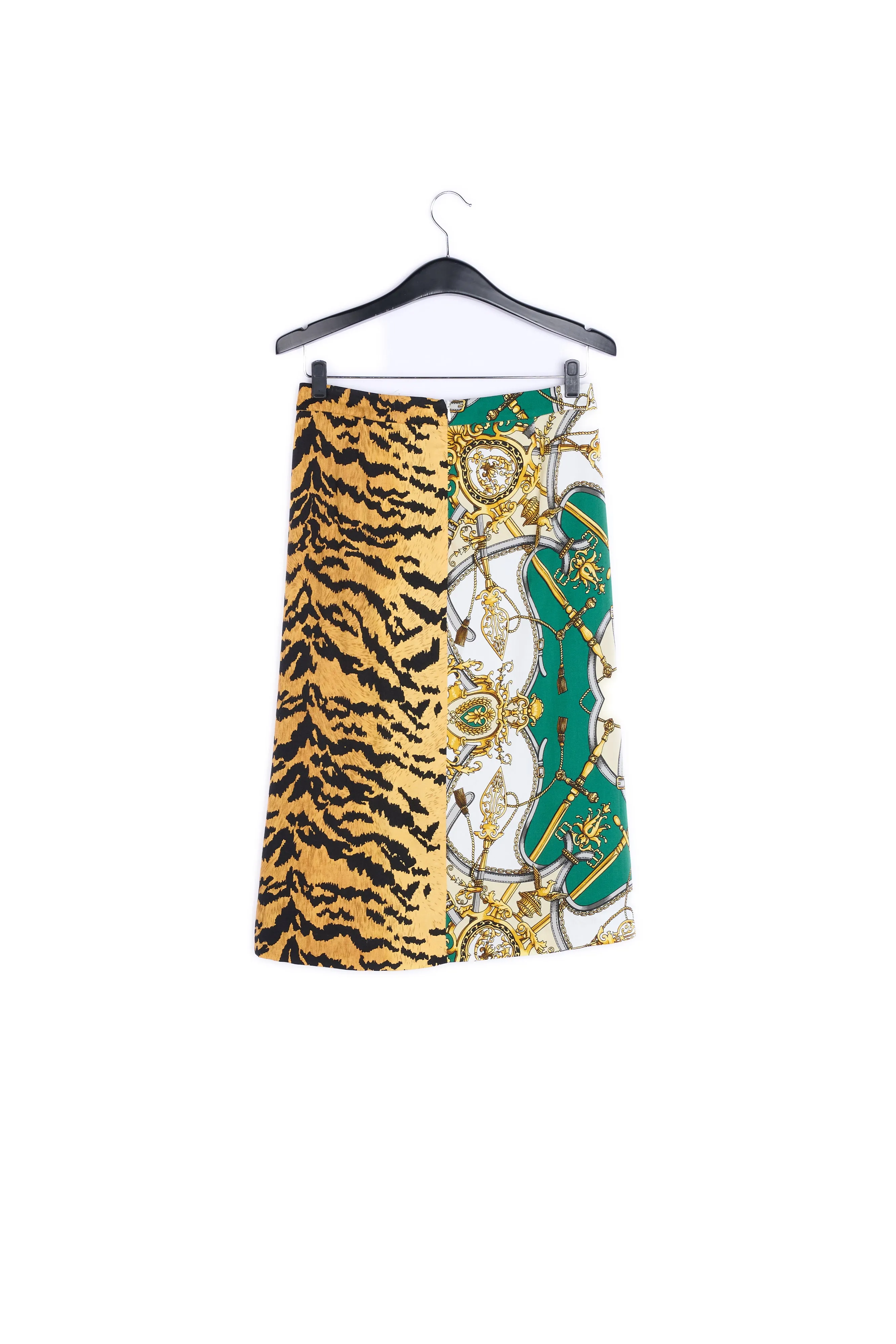 Bottle green and tiger mixed print midi skirt