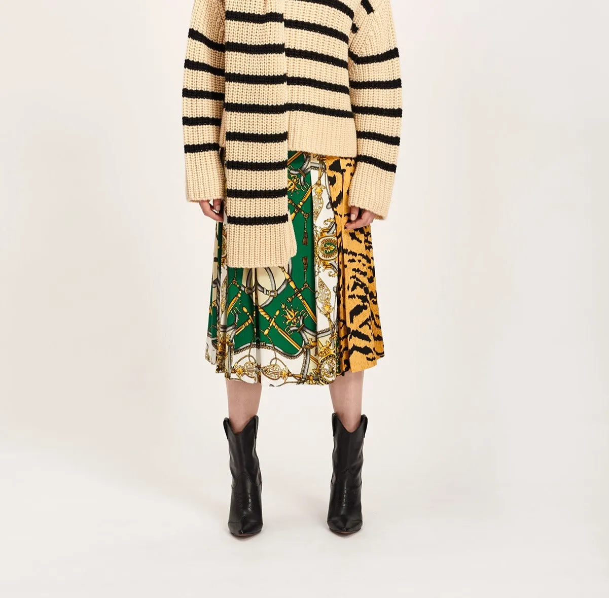 Bottle green and tiger mixed print midi skirt