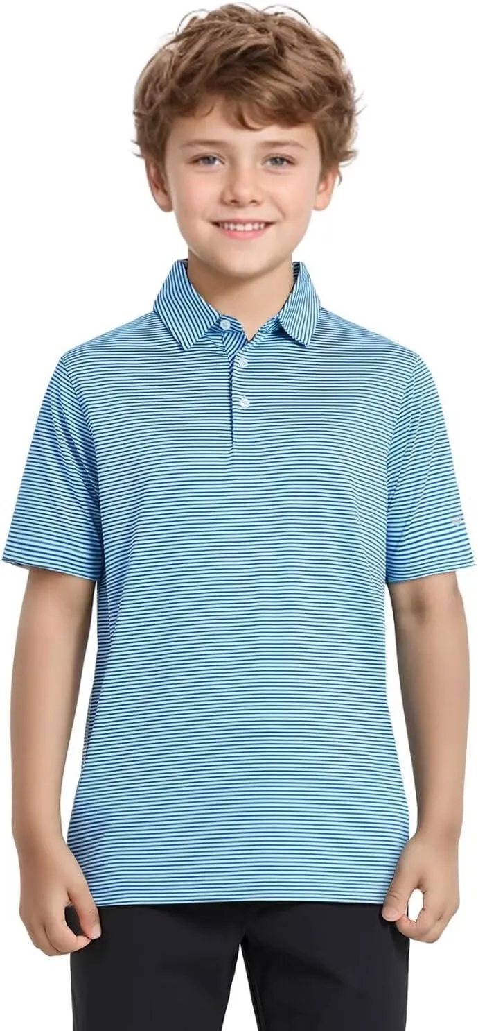 Boys Polo Shirts Short Sleeve Striped Performance Moisture Wicking Dry Fit Golf Shirts for Boys Youth Kids