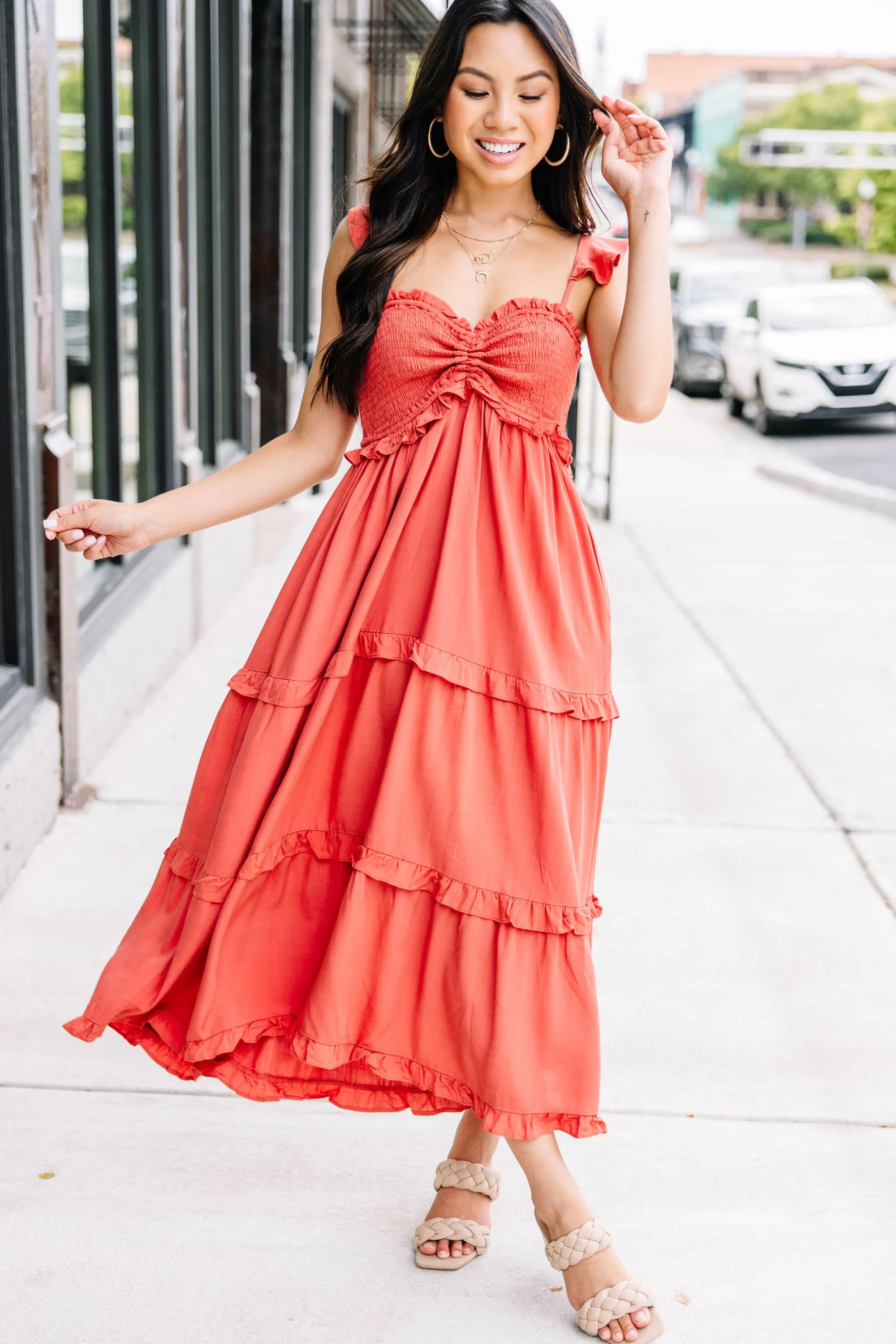 Brand New Days Rust Orange Ruffled Midi Dress