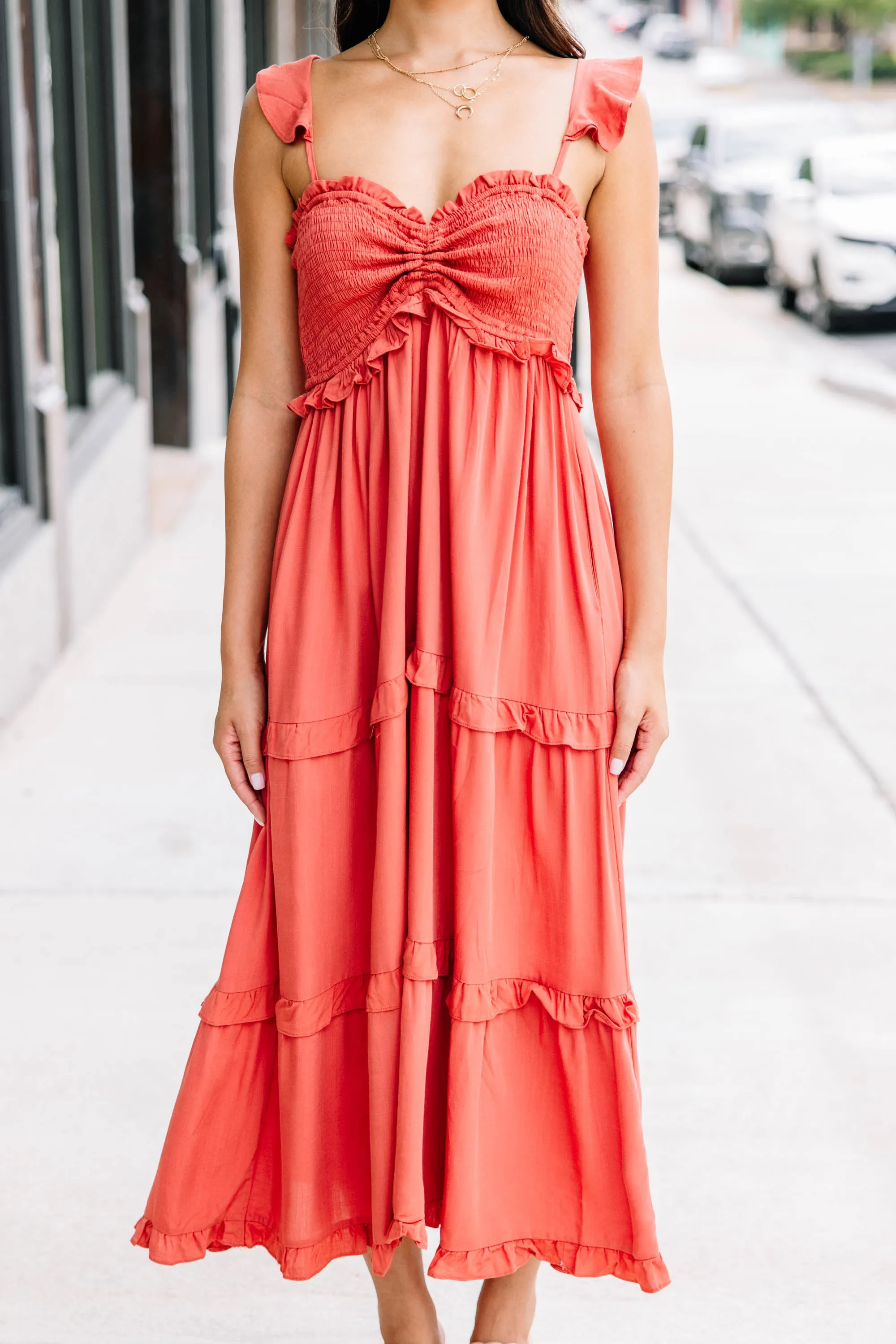 Brand New Days Rust Orange Ruffled Midi Dress
