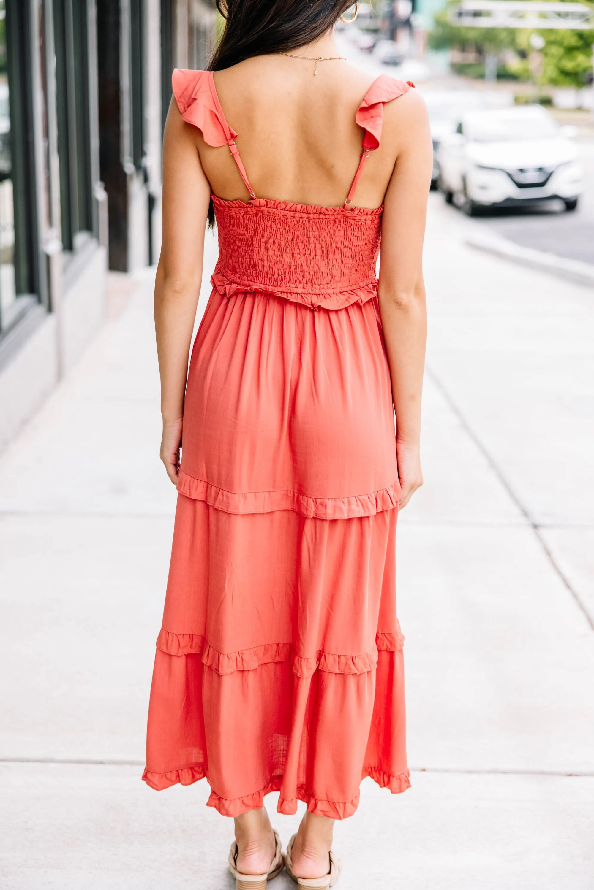 Brand New Days Rust Orange Ruffled Midi Dress