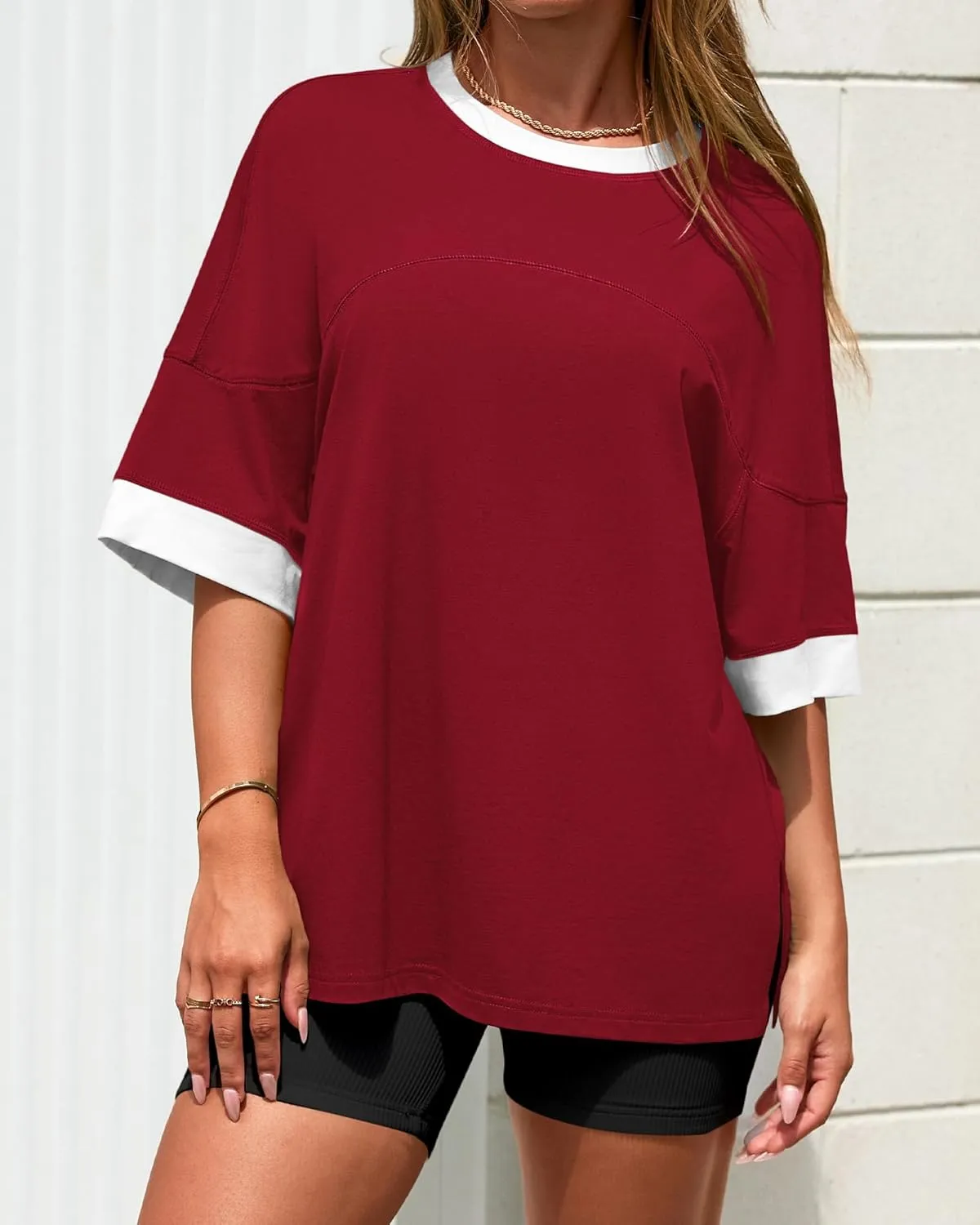 BTFBM Womens Oversized T Shirts Dressy Casual Short Sleeve Summer Tops Crew Neck Color Block Blouse Loose Fit Basic Tee