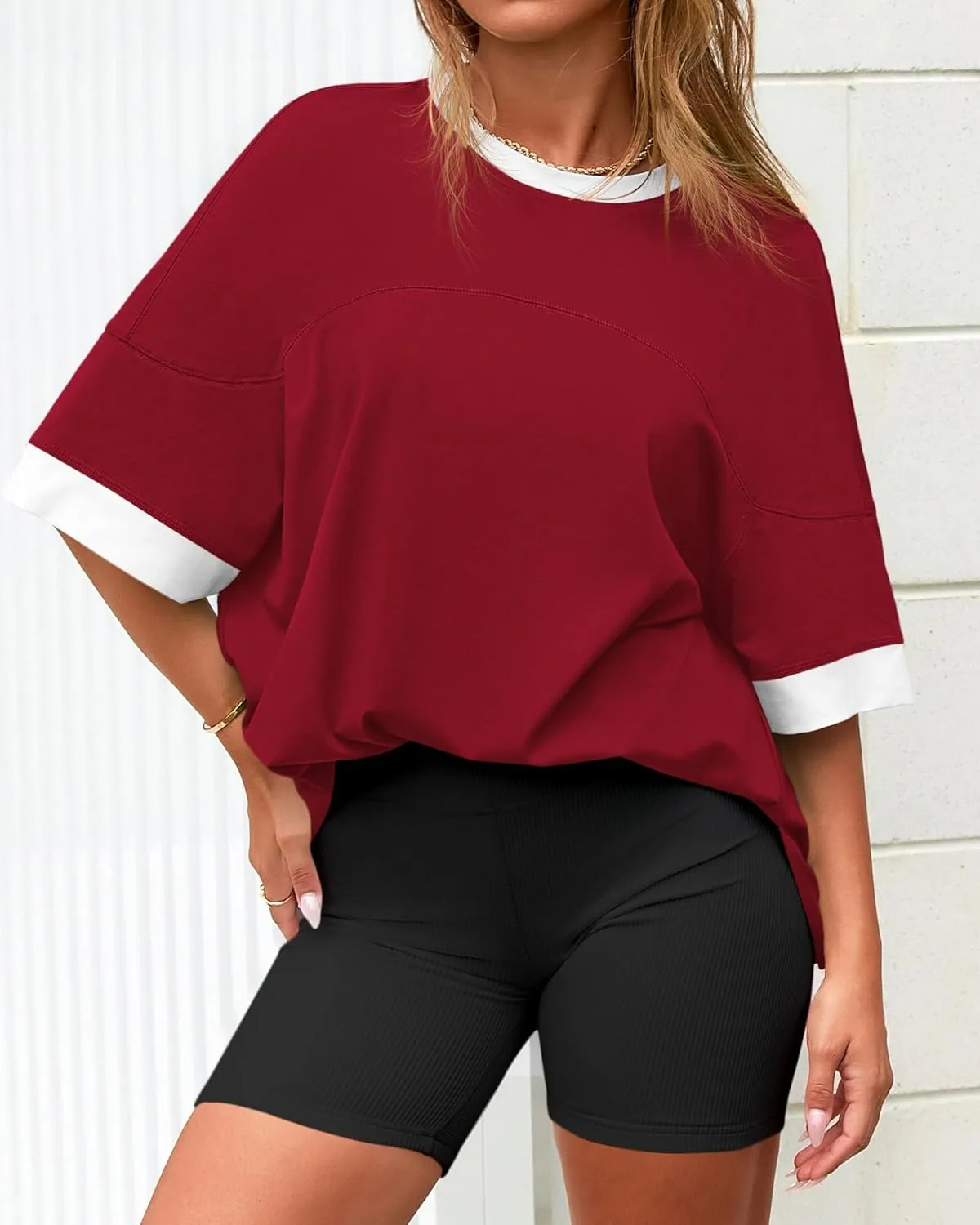 BTFBM Womens Oversized T Shirts Dressy Casual Short Sleeve Summer Tops Crew Neck Color Block Blouse Loose Fit Basic Tee