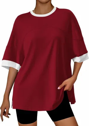 BTFBM Womens Oversized T Shirts Dressy Casual Short Sleeve Summer Tops Crew Neck Color Block Blouse Loose Fit Basic Tee