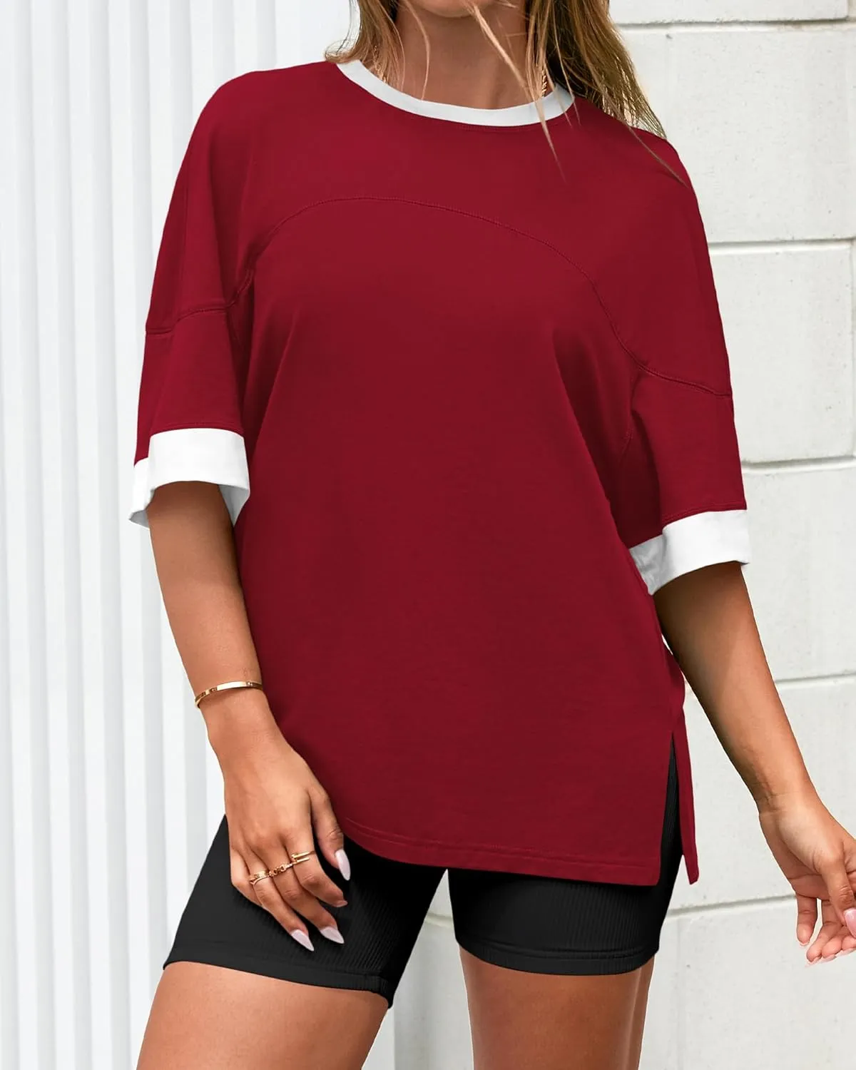 BTFBM Womens Oversized T Shirts Dressy Casual Short Sleeve Summer Tops Crew Neck Color Block Blouse Loose Fit Basic Tee