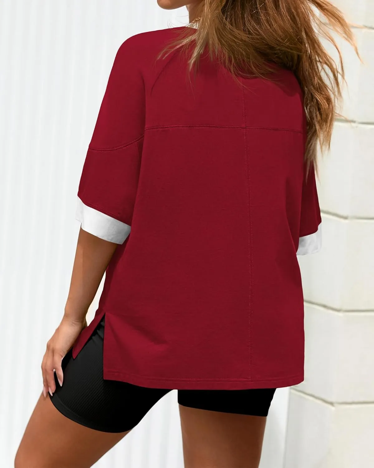 BTFBM Womens Oversized T Shirts Dressy Casual Short Sleeve Summer Tops Crew Neck Color Block Blouse Loose Fit Basic Tee