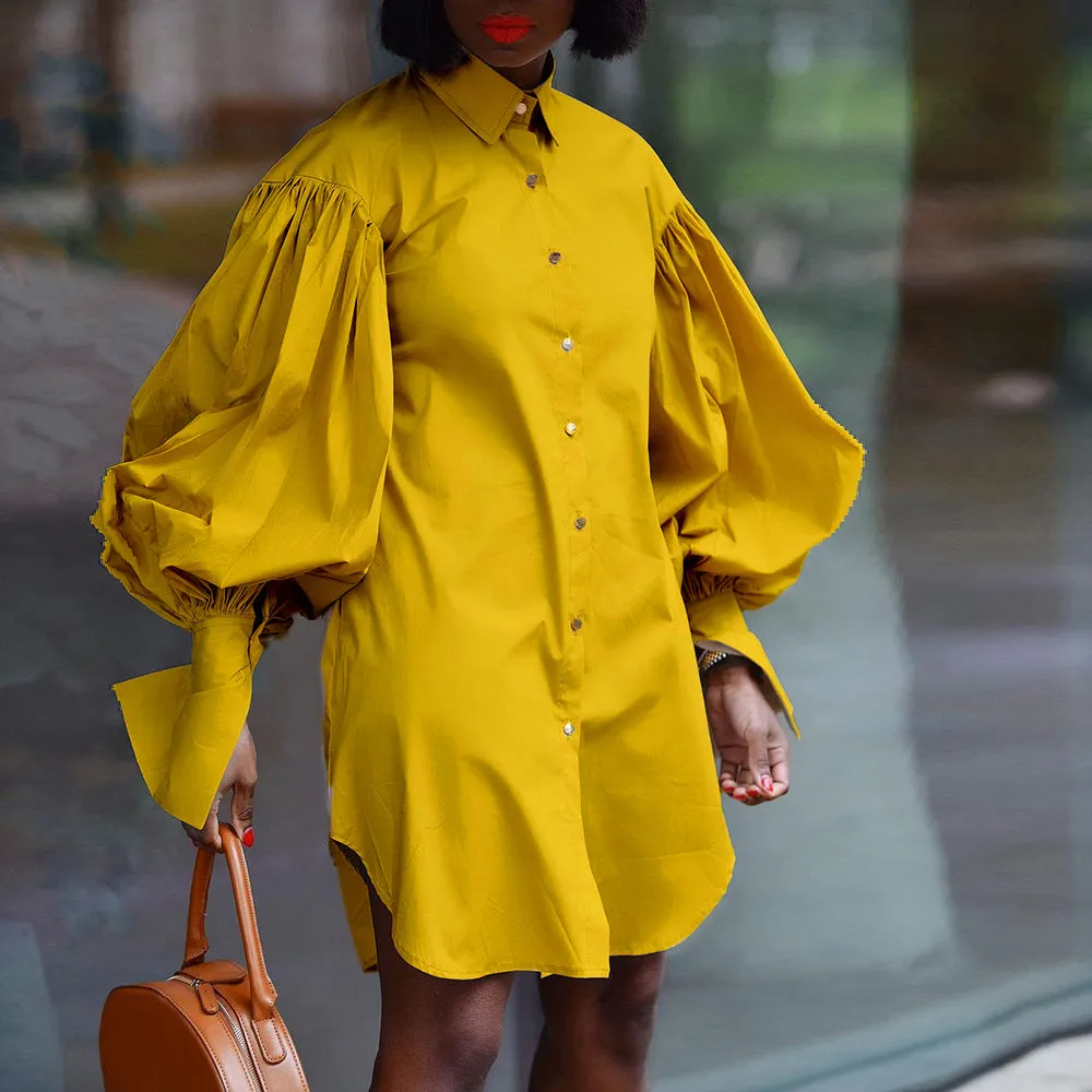 Bubble Sleeve Solid Color Casual Shirt Dress