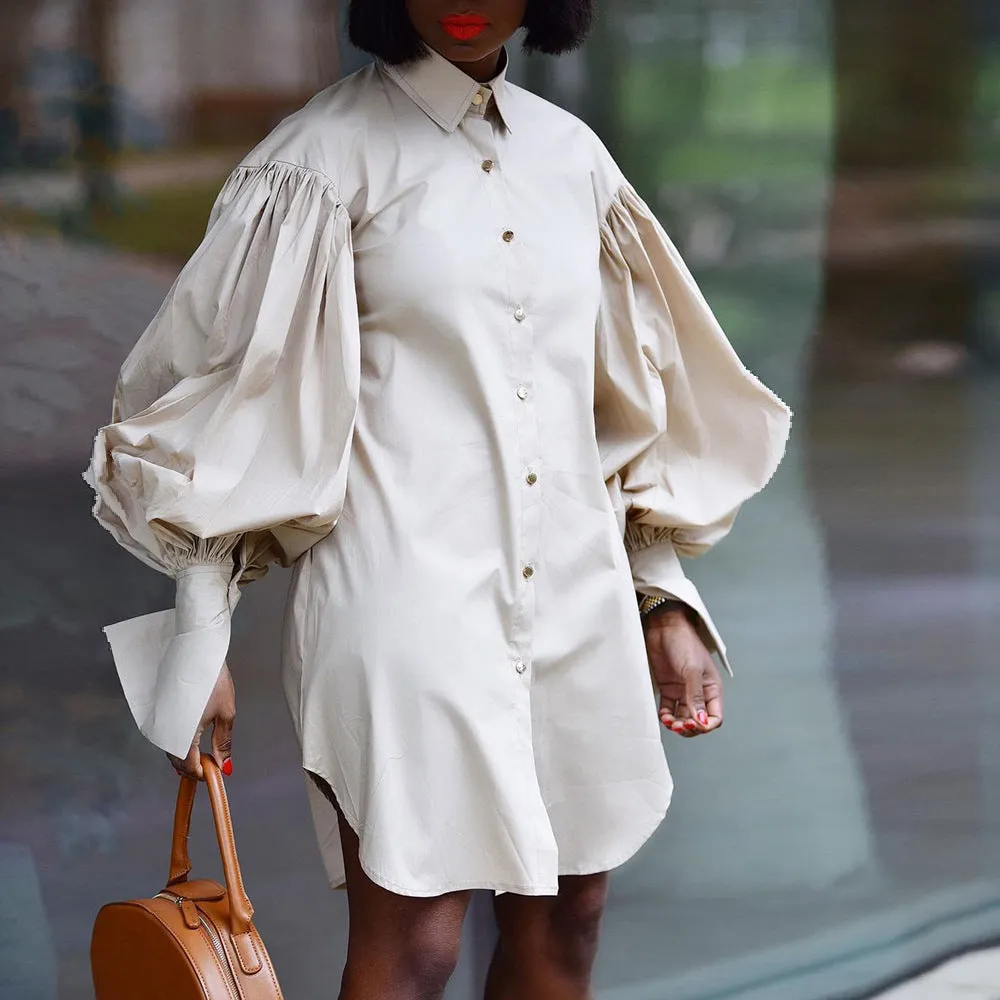 Bubble Sleeve Solid Color Casual Shirt Dress