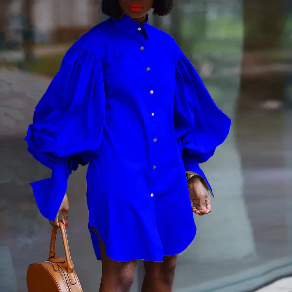 Bubble Sleeve Solid Color Casual Shirt Dress