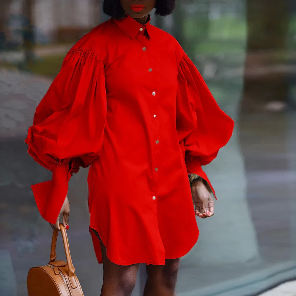 Bubble Sleeve Solid Color Casual Shirt Dress