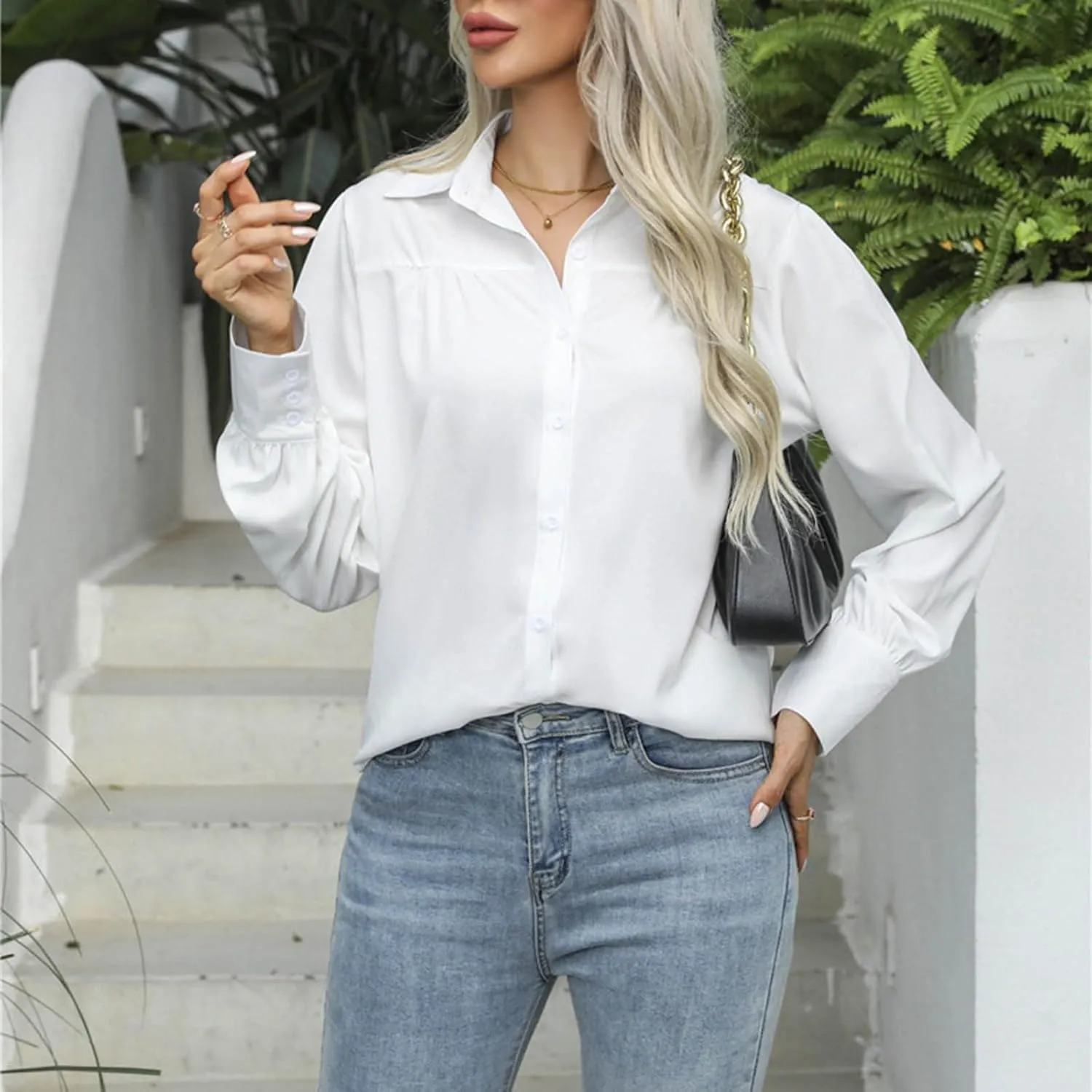 Button Down Shirts for Women Long Sleeve Collared Dress Shirts V Neck Plain Work Daily Casual Trendy Tops