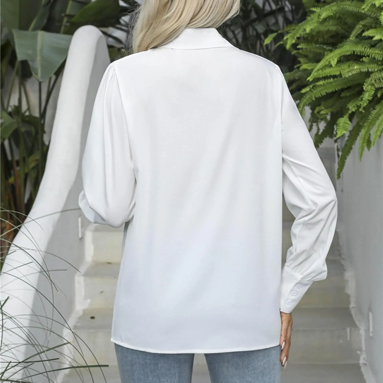 Button Down Shirts for Women Long Sleeve Collared Dress Shirts V Neck Plain Work Daily Casual Trendy Tops