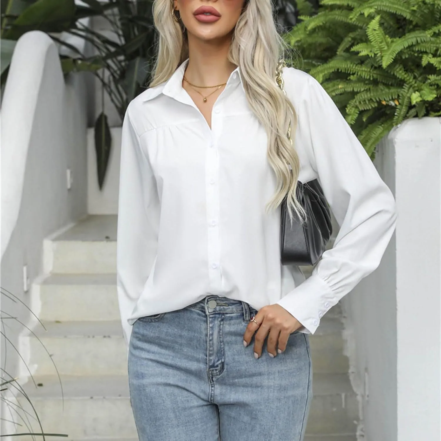 Button Down Shirts for Women Long Sleeve Collared Dress Shirts V Neck Plain Work Daily Casual Trendy Tops
