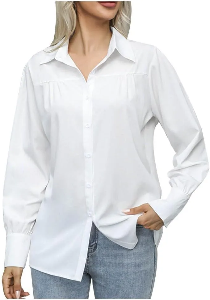 Button Down Shirts for Women Long Sleeve Collared Dress Shirts V Neck Plain Work Daily Casual Trendy Tops