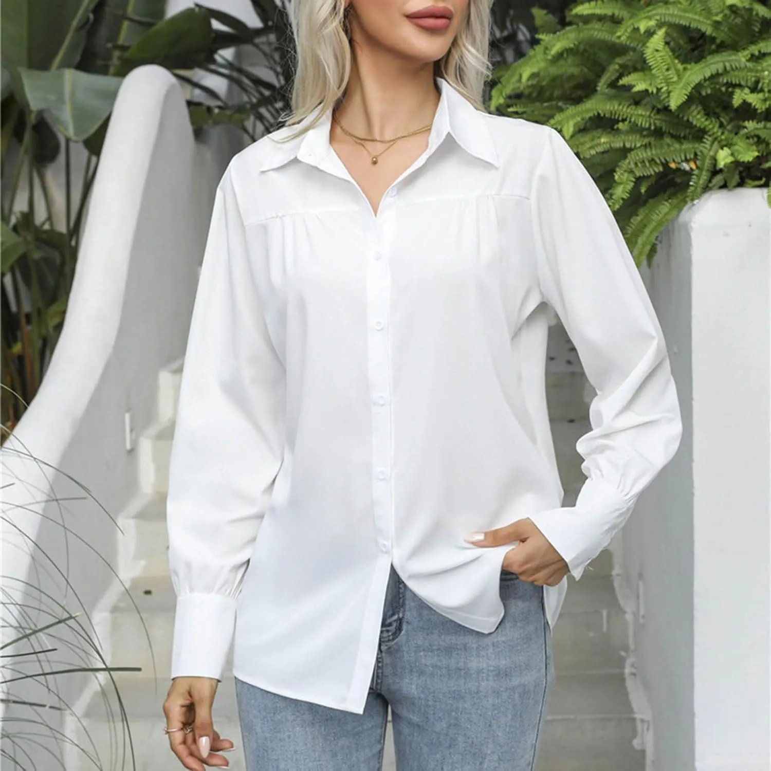 Button Down Shirts for Women Long Sleeve Collared Dress Shirts V Neck Plain Work Daily Casual Trendy Tops