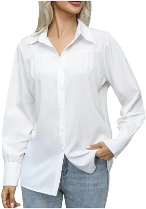 Button Down Shirts for Women Long Sleeve Collared Dress Shirts V Neck Plain Work Daily Casual Trendy Tops