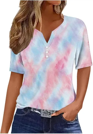 Button Down Shirts for Women Short Sleeve Summer Casual Tops V Neck Floral Print Henley Tshirt Trendy Tunic Blouses