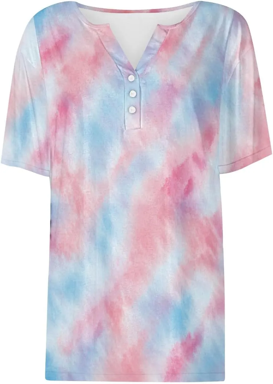 Button Down Shirts for Women Short Sleeve Summer Casual Tops V Neck Floral Print Henley Tshirt Trendy Tunic Blouses